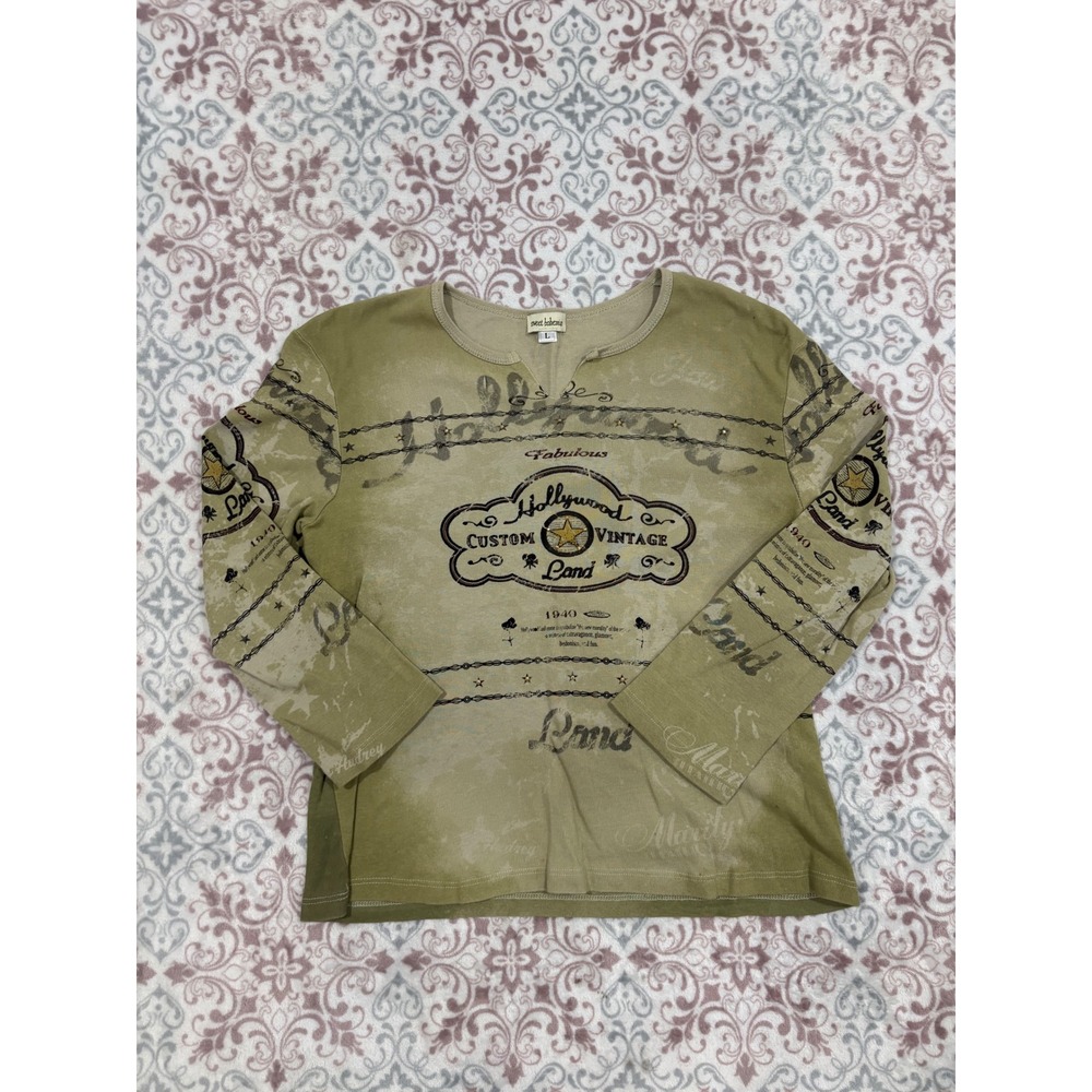 Sweet Bohemian Hollywood Vintage Graphic Top Olive Green Rhinestone Y2K Large